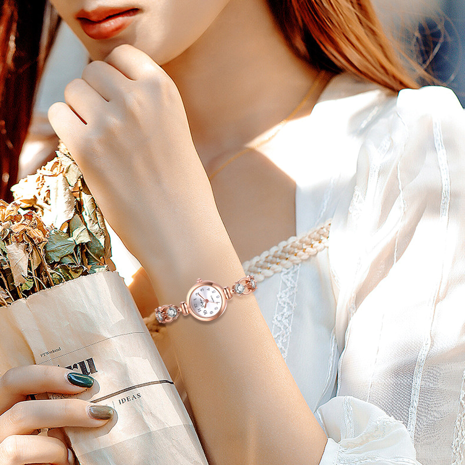 Womens Girls Slim Diamond Bracelet Watch Simple Round Quartz Analog Dress Watch