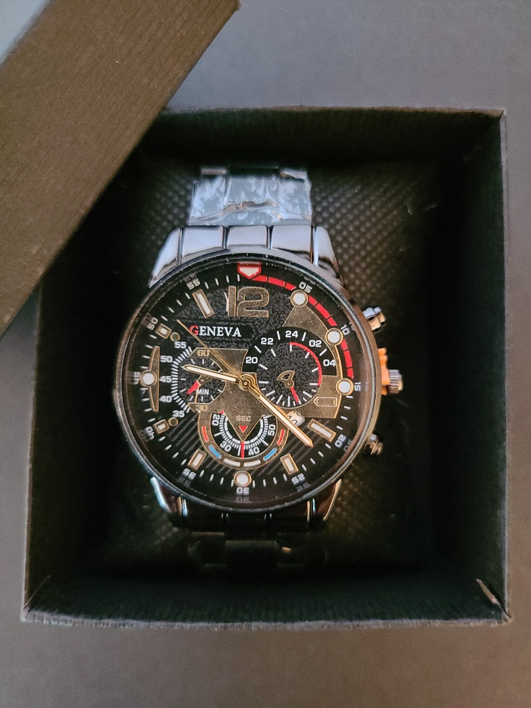 Geneva Men’s Gloss Black Watch With Black And Gold Dial 8 3/4 Inch Band