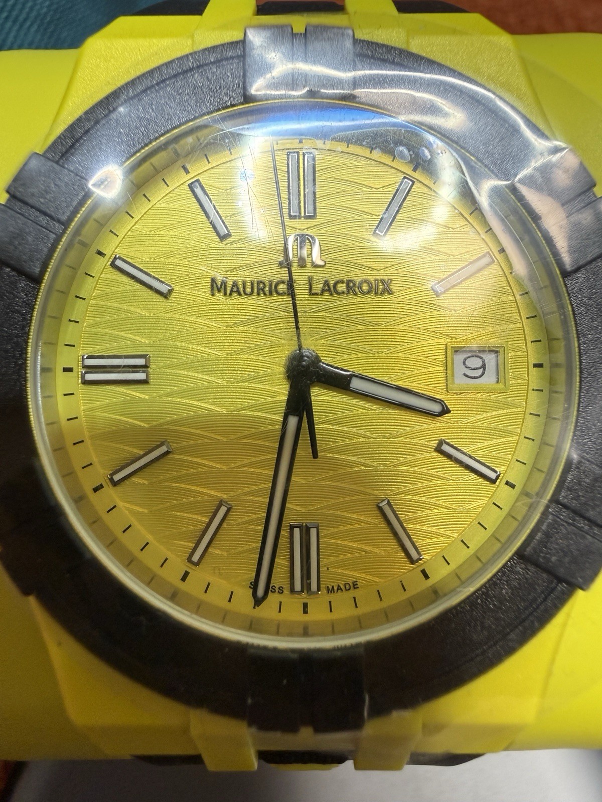 Maurice Lacroix Aikon Tide Wristwatch Yellow Black Rubber Band Wave Dial Date