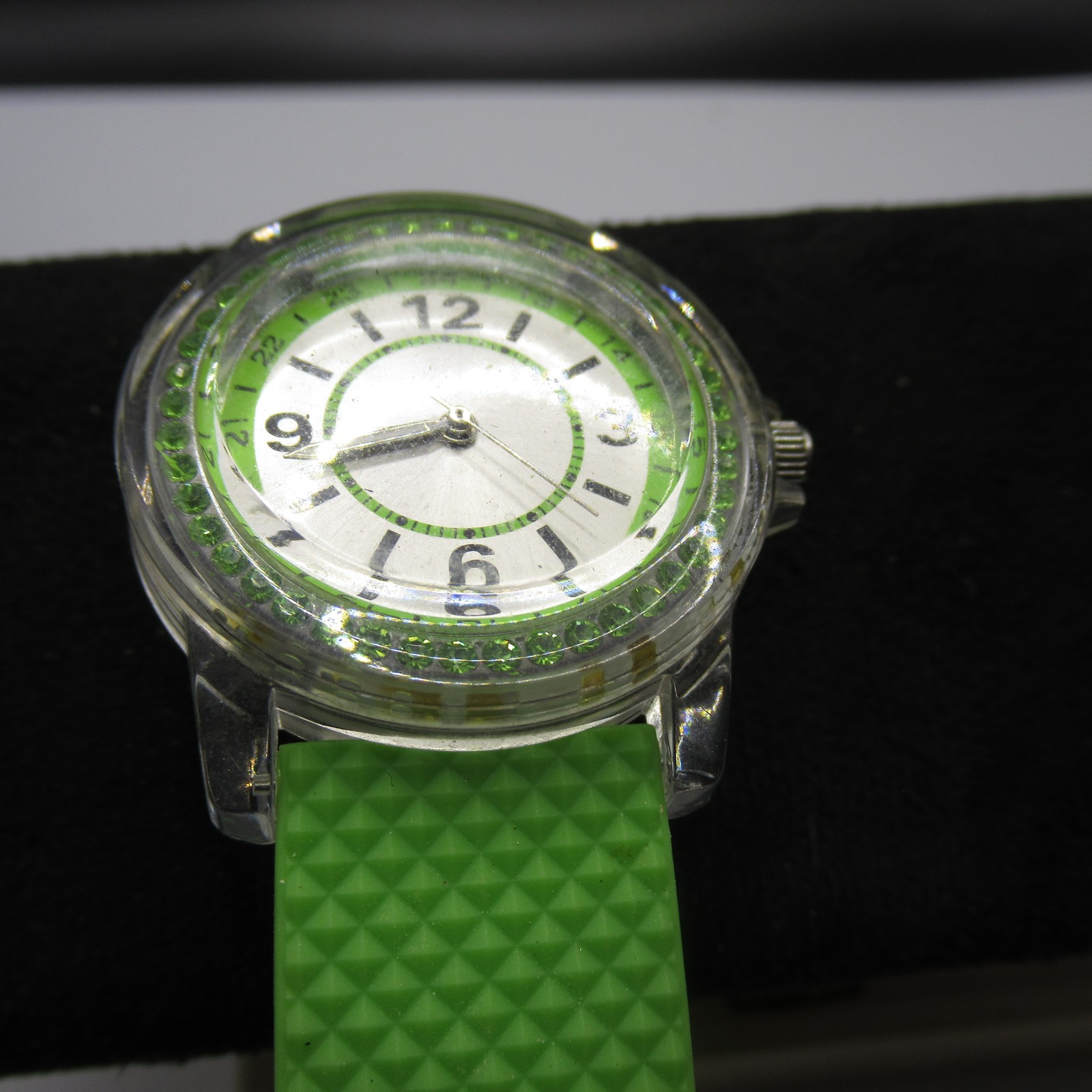 Neon Green Rubber Band Wristwatch Clear Case Silver Dial Japan Movt Fun Watch