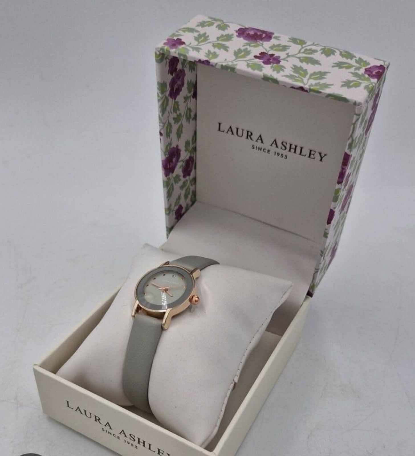 Laura Ashley Women’s Gray Faux Leather Strap Watch 24mm