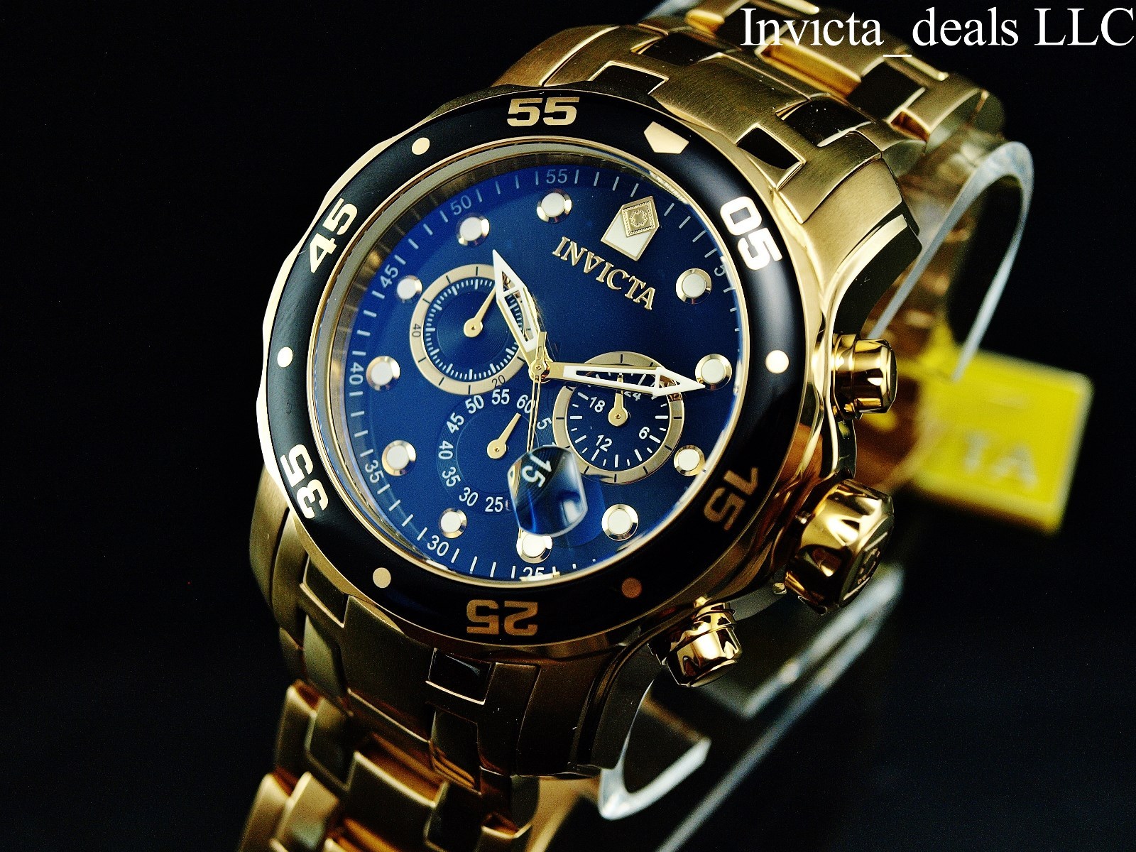 Invicta Men 48mm Pro Diver SCUBA Chronograph Black Dial 18k Gold Plated SS Watch