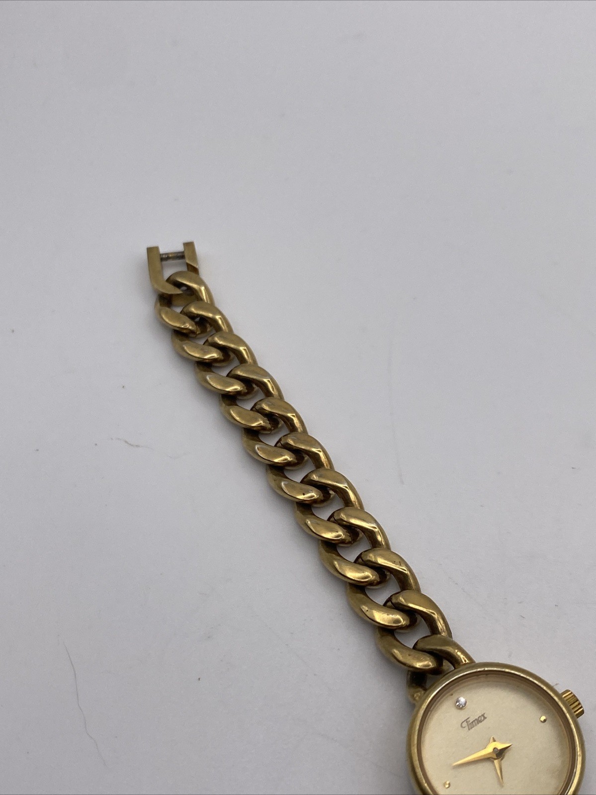VINTAGE TIMEX QUARTZ WATCH WOMENS TAN DIAL CHAIN BAND GOLD TONE NEW BATTERY 6”