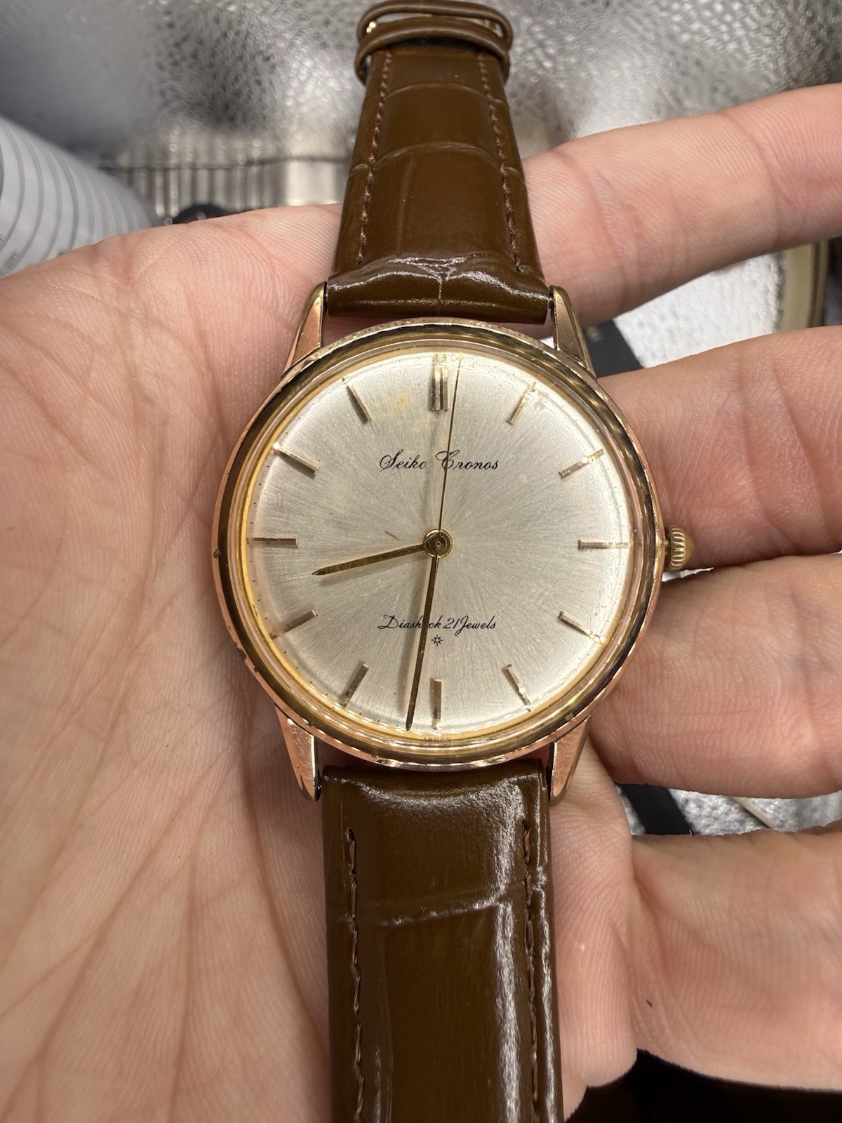 Seiko Cronos Vintage 1950s Manual Wind 21J Silver Dial Gold Case 36mm