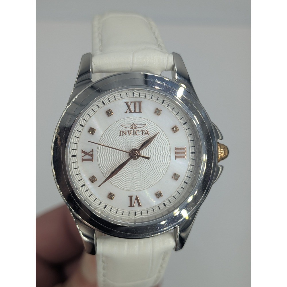 Invicta Angel Watch White 33mm Silver Rose Golden Diamond Leather Straps 12544