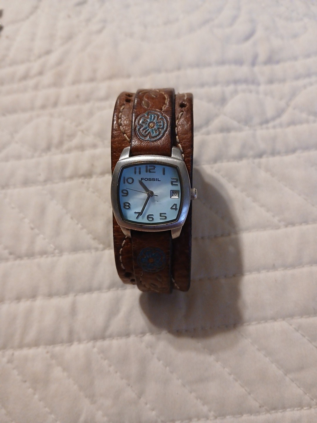 Fossil Blue Dial Square Case Brown Leather Wrap Watch Date