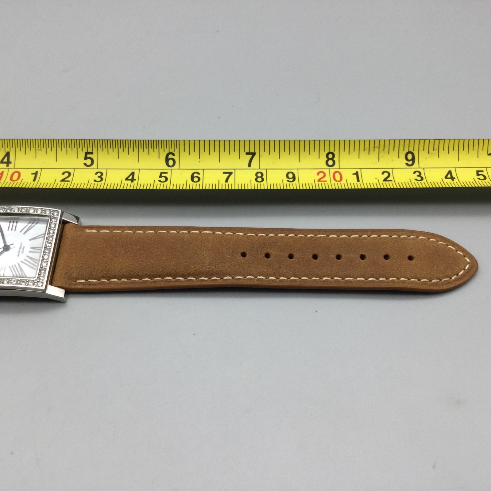 DMQ Square Watch Womens 28mm Silver Tone Crystals Tan Leather Strap New Battery