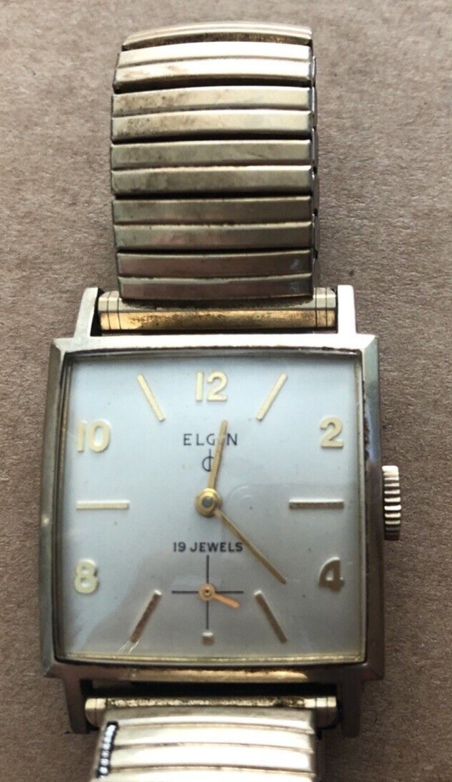 Vintage ELGIN 19 Jewels Mens Wrist Watch 1OK Gold Filled Bezel Top Caps Calendar