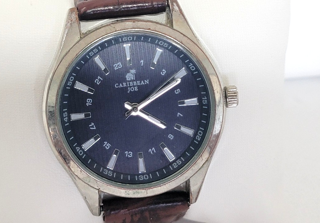 Caribbean Joe Men’s Watch CJ7036SL Blue Dial Brown Leather 41mm NEW BATTERY