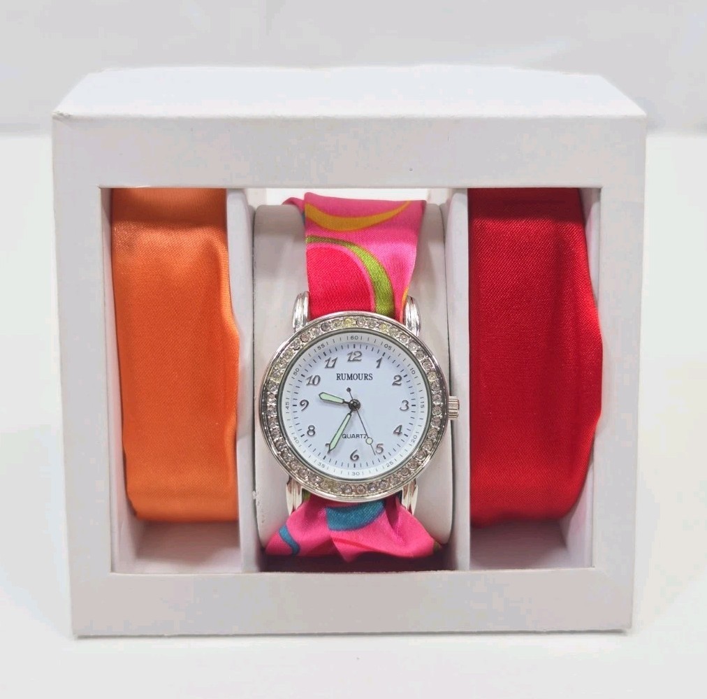 Rumours Silver Tone Interchangeable Lace Snap Band Womens Watch New Battery