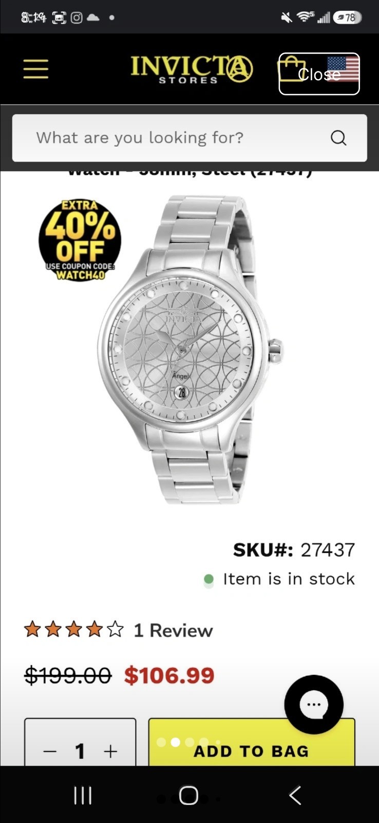 27437 Invicta Angel Vervestone Silver Dial Geometric Stainless Steel Watch 38mm