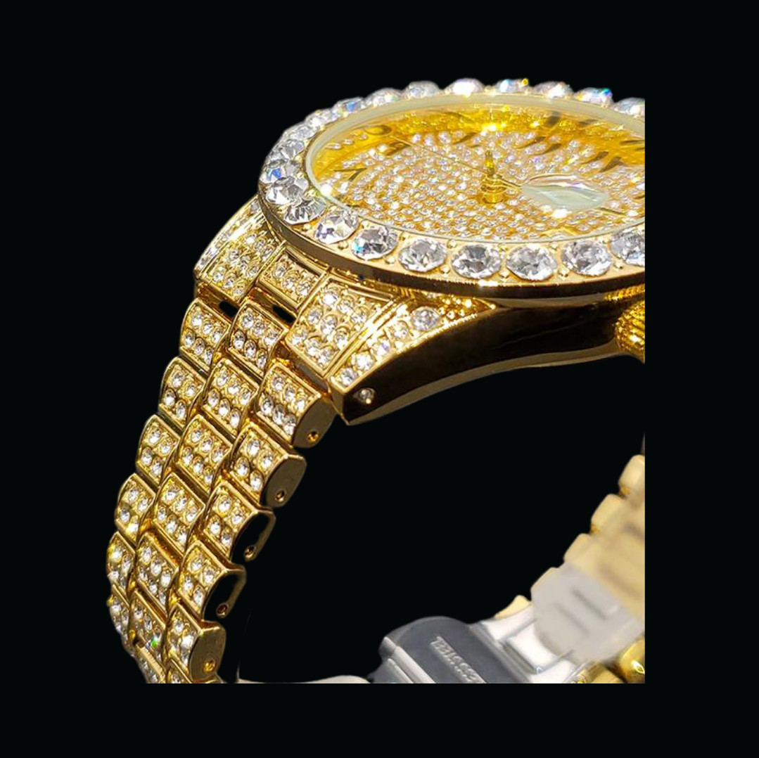Gold Color Arabic Numerals Date Iced Out Diamond Watch, Luxury Hip Hop Watch