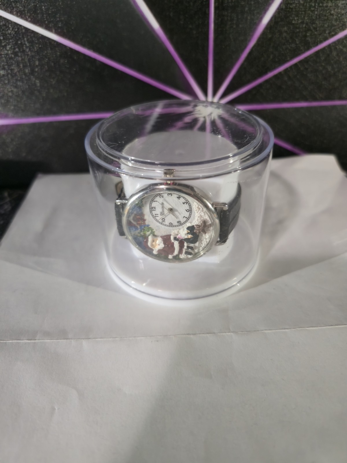 Cartoon Novelty Analog Wristwatch White/Multicolor Dial Black Leather Strap Box
