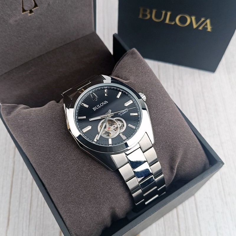 Bulova Surveyor Automatic Black Gold Dial Silver Steel Men Watch 42mm 96A270