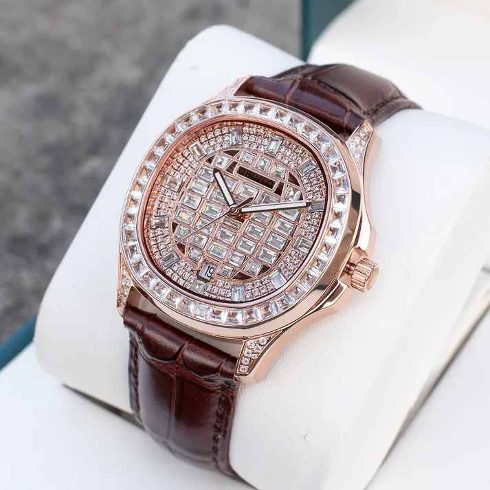 Luxury Automatic Watch Men Miyota 8215 Baguette Stone Leather Rubber Strap