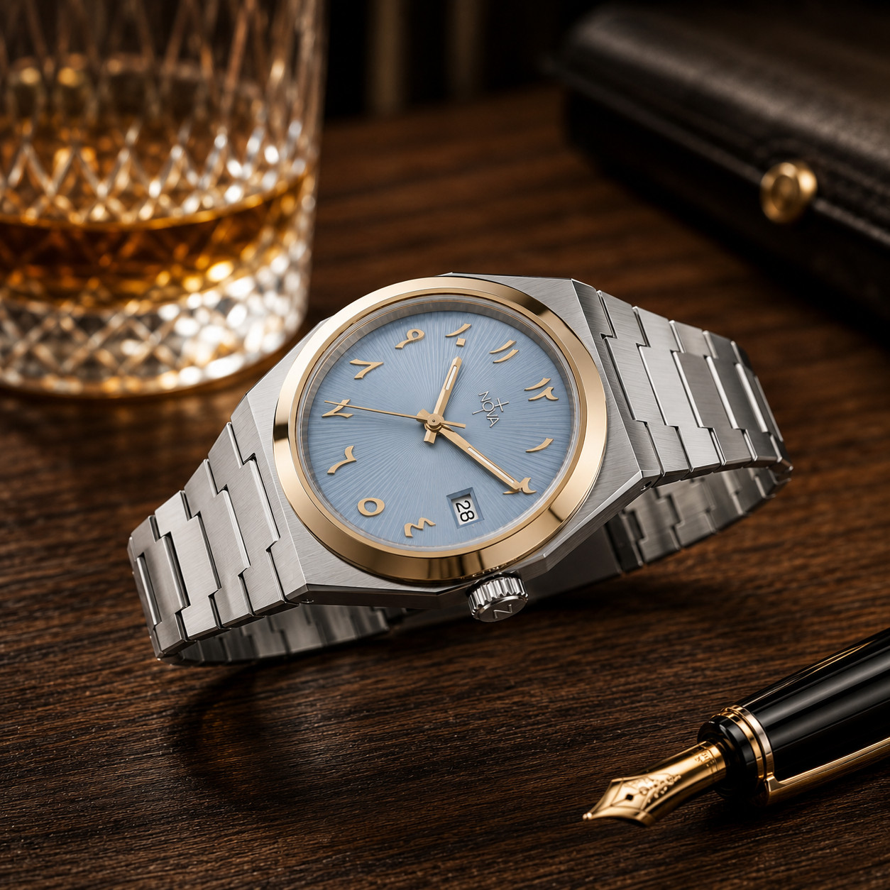 Nova Christian Covenant Custom Watch Ice Blue Arabic Dial Two Tone Date