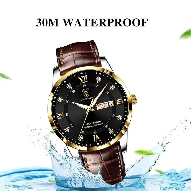 POEDAGAR Luxury Brand Men Watches Waterproof Luminous Leather Quartz Man Wristwa