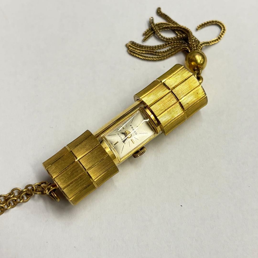 FRECO Hand-Wound Pendant Watch Necklace Gold Cylinder Slide Open/Close