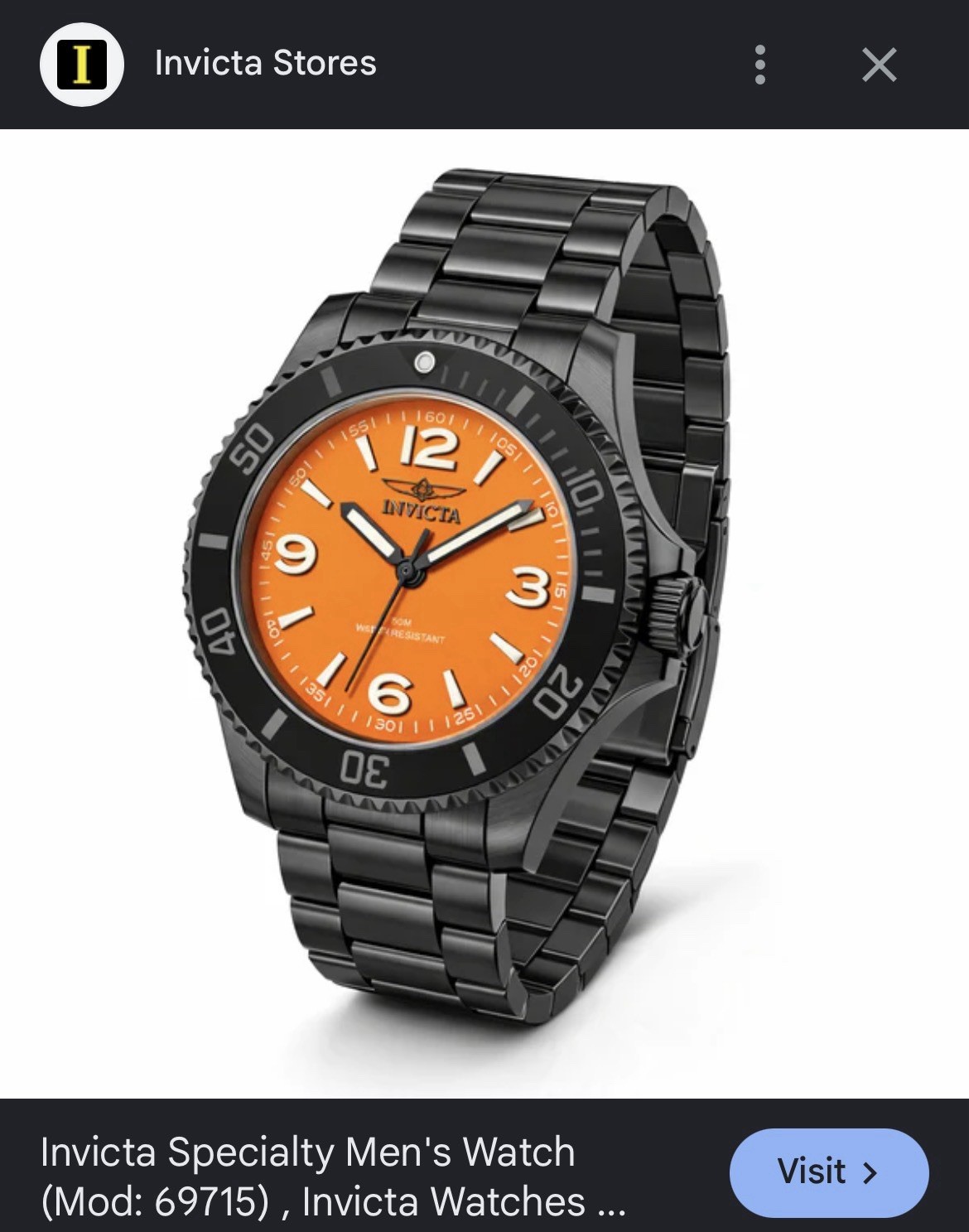 Invicta Specialty Men’s Quartz Watch Orange Dial Black Steel Bracelet 50m Box