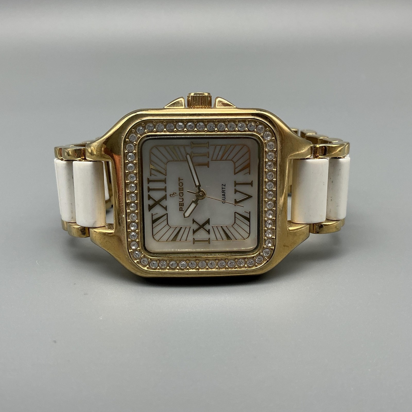Peugeot Womens Watch 35mm Gold Tone MOP Crystal Bezel New Battery 7.25″