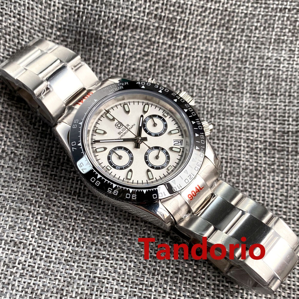 40mm Bliger VK63 Quartz Full Functional Chronograph Mens Watch Folding Clasp