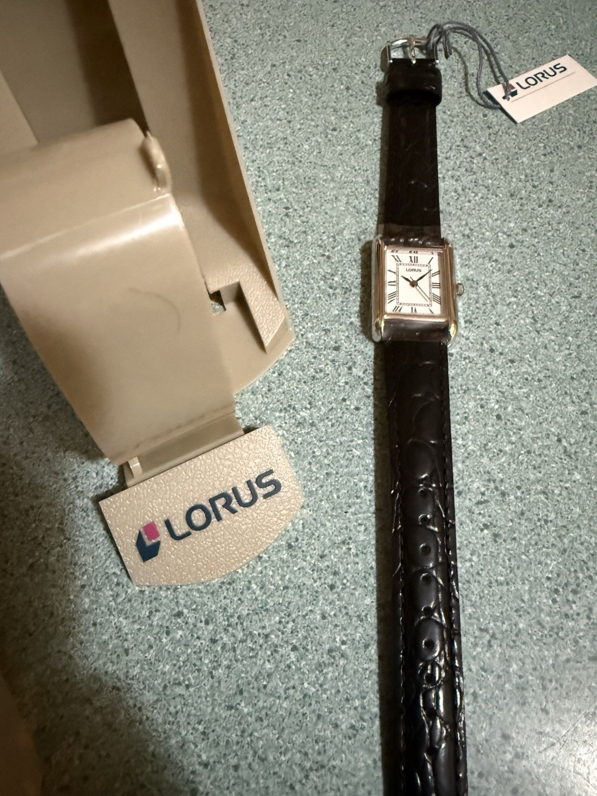 New Women’s Lorus Watch 16×21 MM Ivory Rectangle Face Black Strap W/ Gift Box