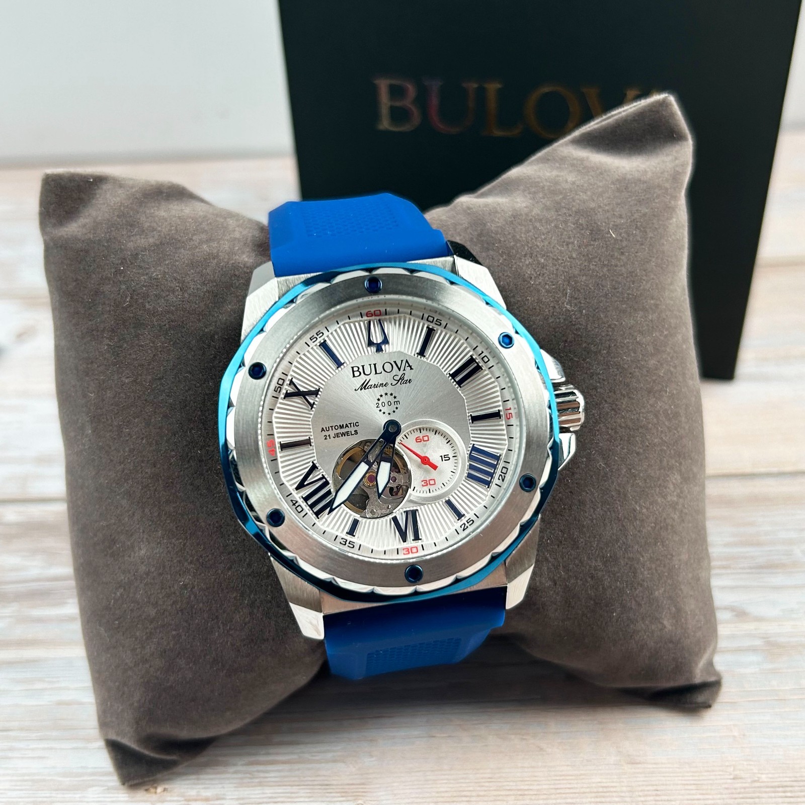 Bulova Marine Star 98A225 Series A Men’s Automatic Watch Silicon Blue Strap 45mm