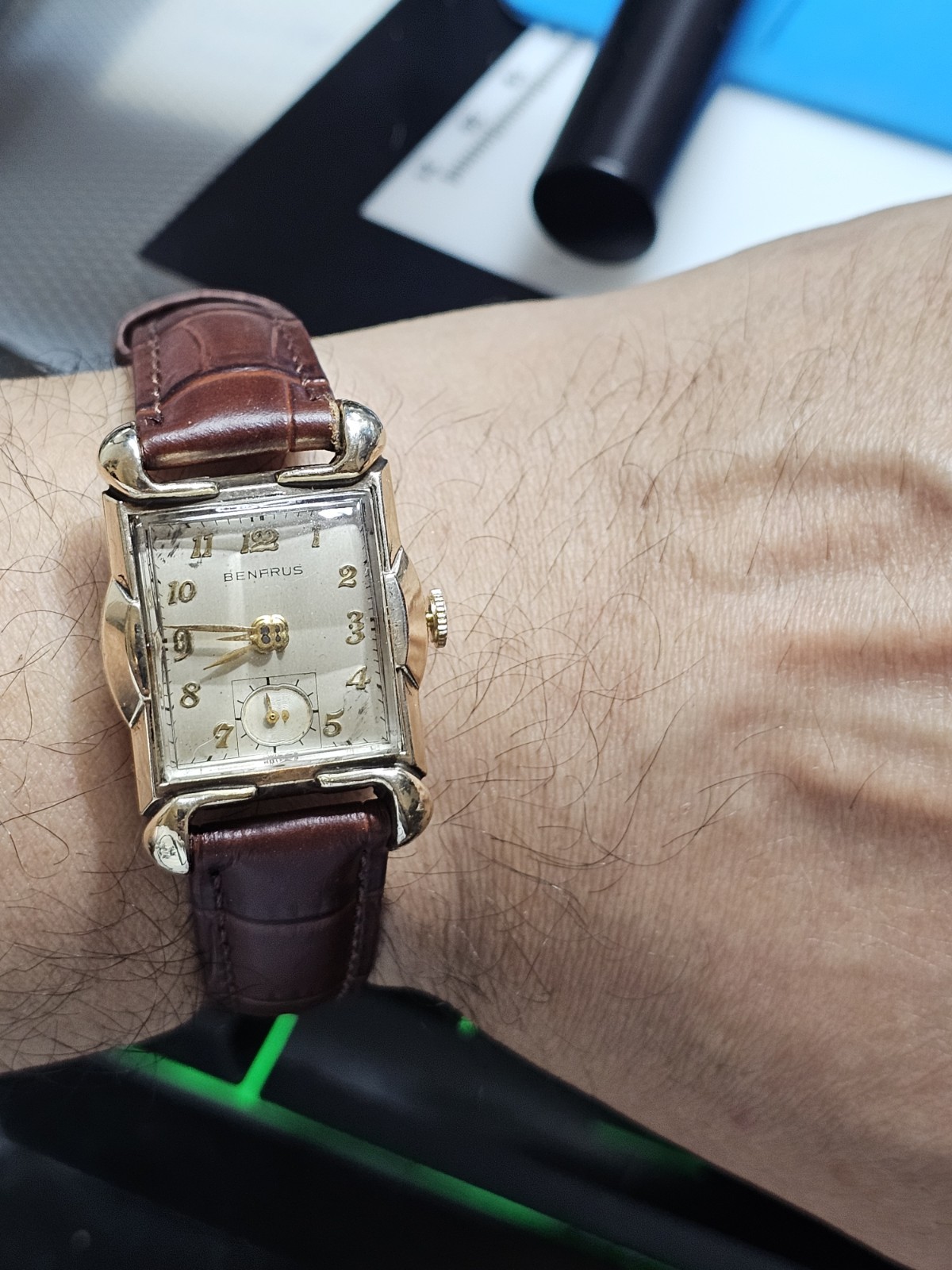 Benrus Tank Vintage 1940s Manual Wind Rectangle Dress Watch Silver Dial Brown