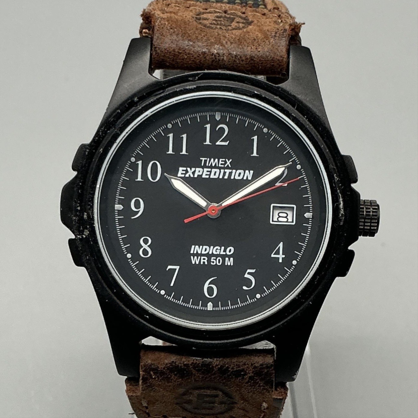 Timex Expedition Indiglo Mens Watch 33mm Black Dial Date Brown Strap New Battery