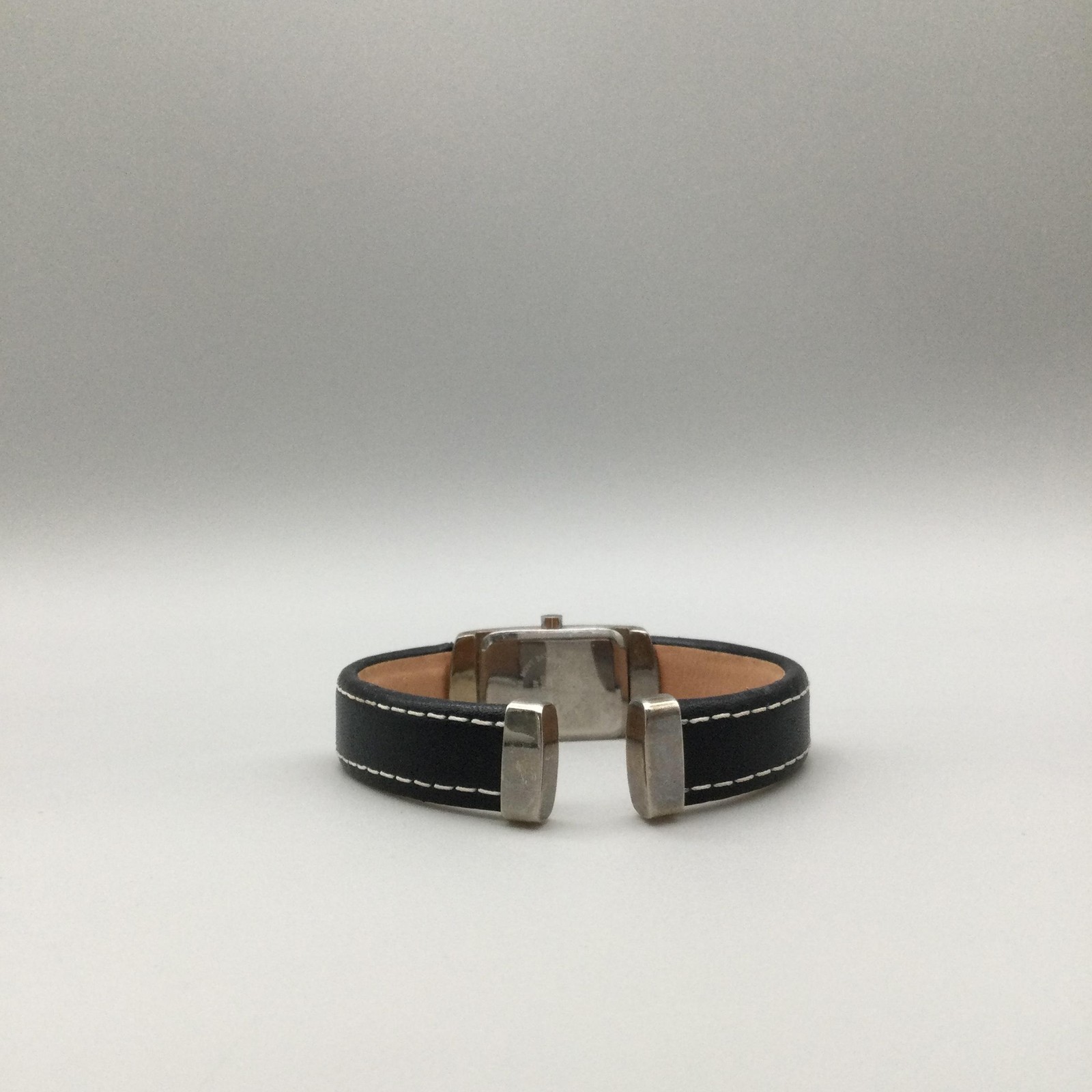 Style&co Womens Watch 18mm Silver Tone Black Leather Open Cuff New Battery