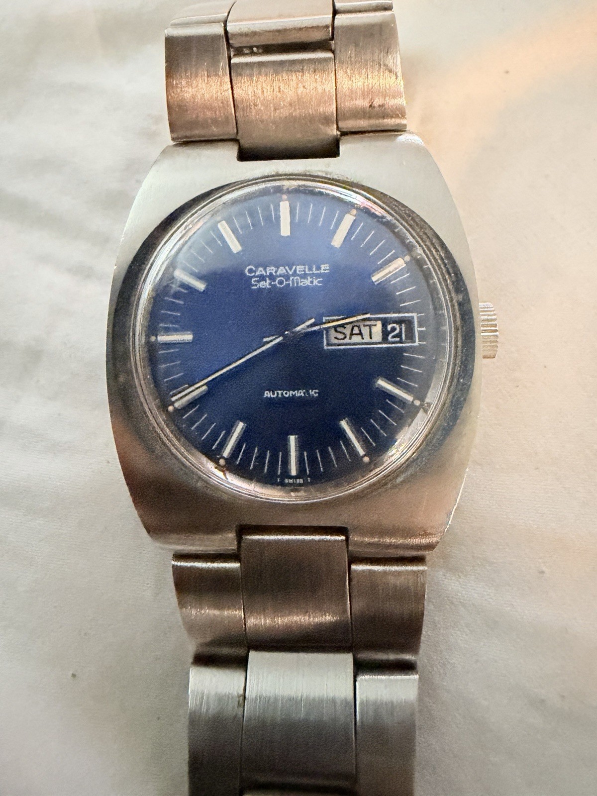 Vintage Caravelle Set-O-Matic Automatic 17J Day Date Blue Dial Men’s Watch Runs
