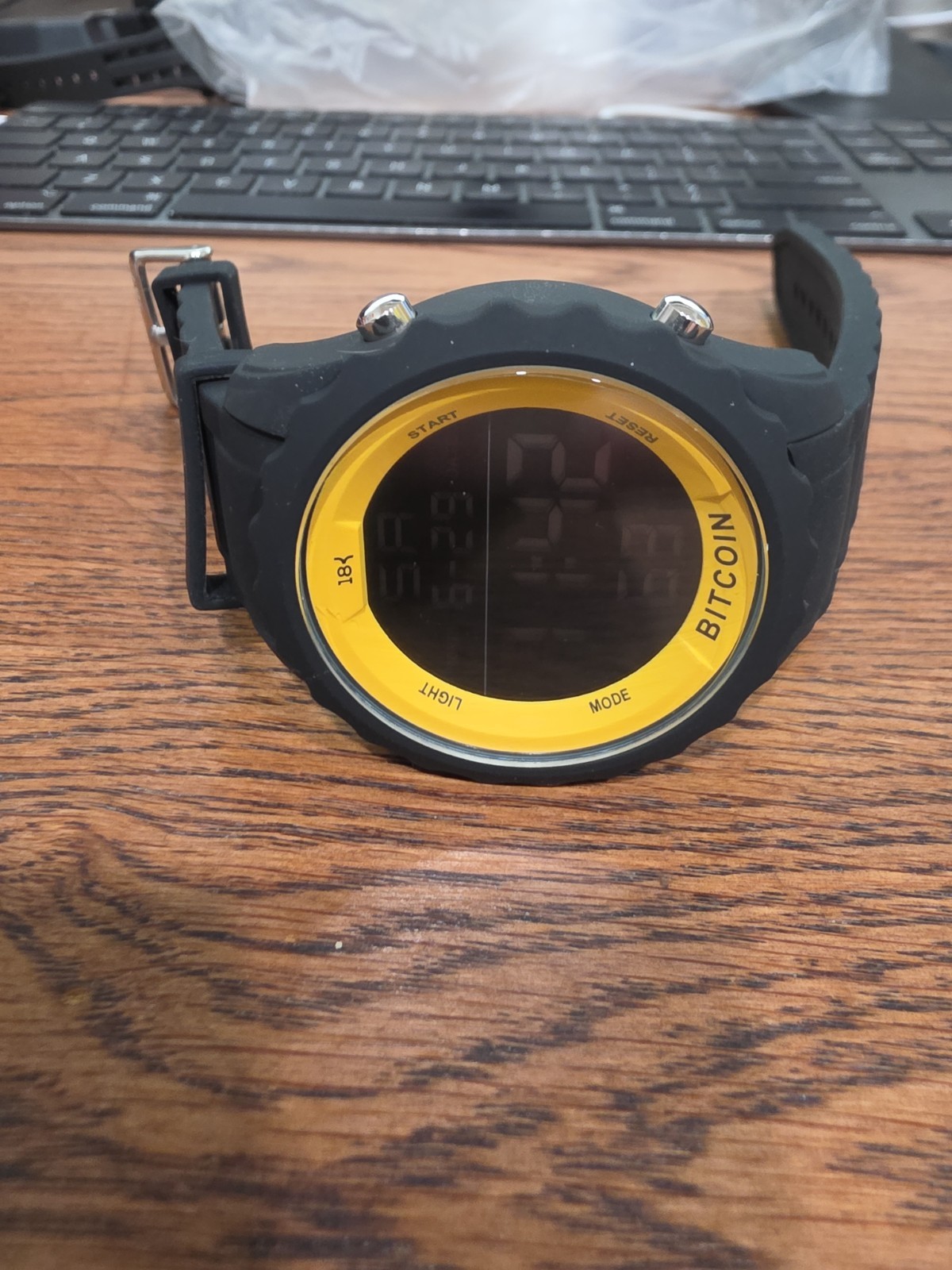 Bitcoin Digital Quartz Alarm Day/Date Black Rubber Strap Gold Fixed Bezel