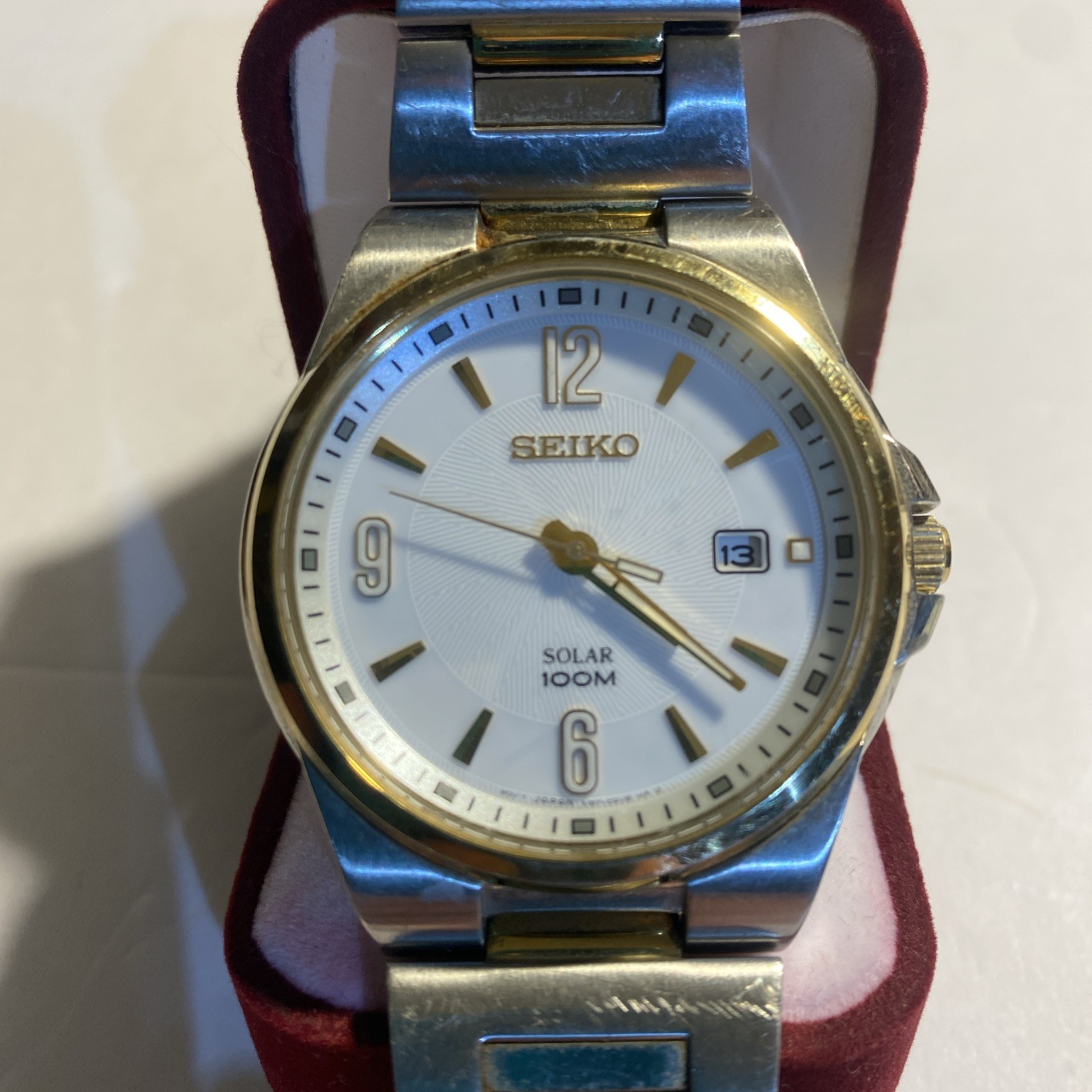Seiko Solar Watch 2 Tone Bracelet Band Case Dial Date Diver 10Bar Mens WORKS