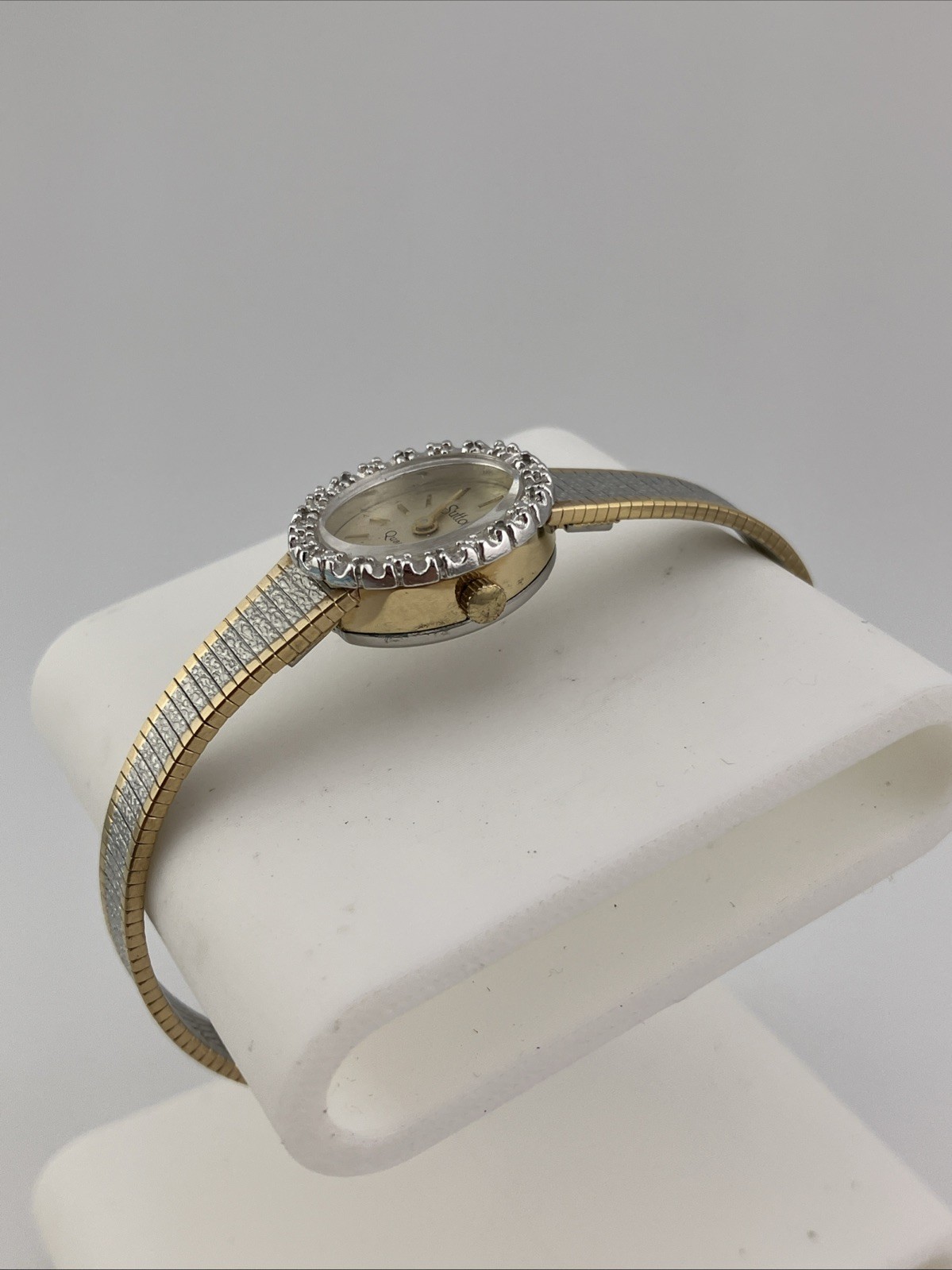 Vtg Sutton Ladies 16mm Watch Two-Tone Diamond Bezel Adjustable -RUNS