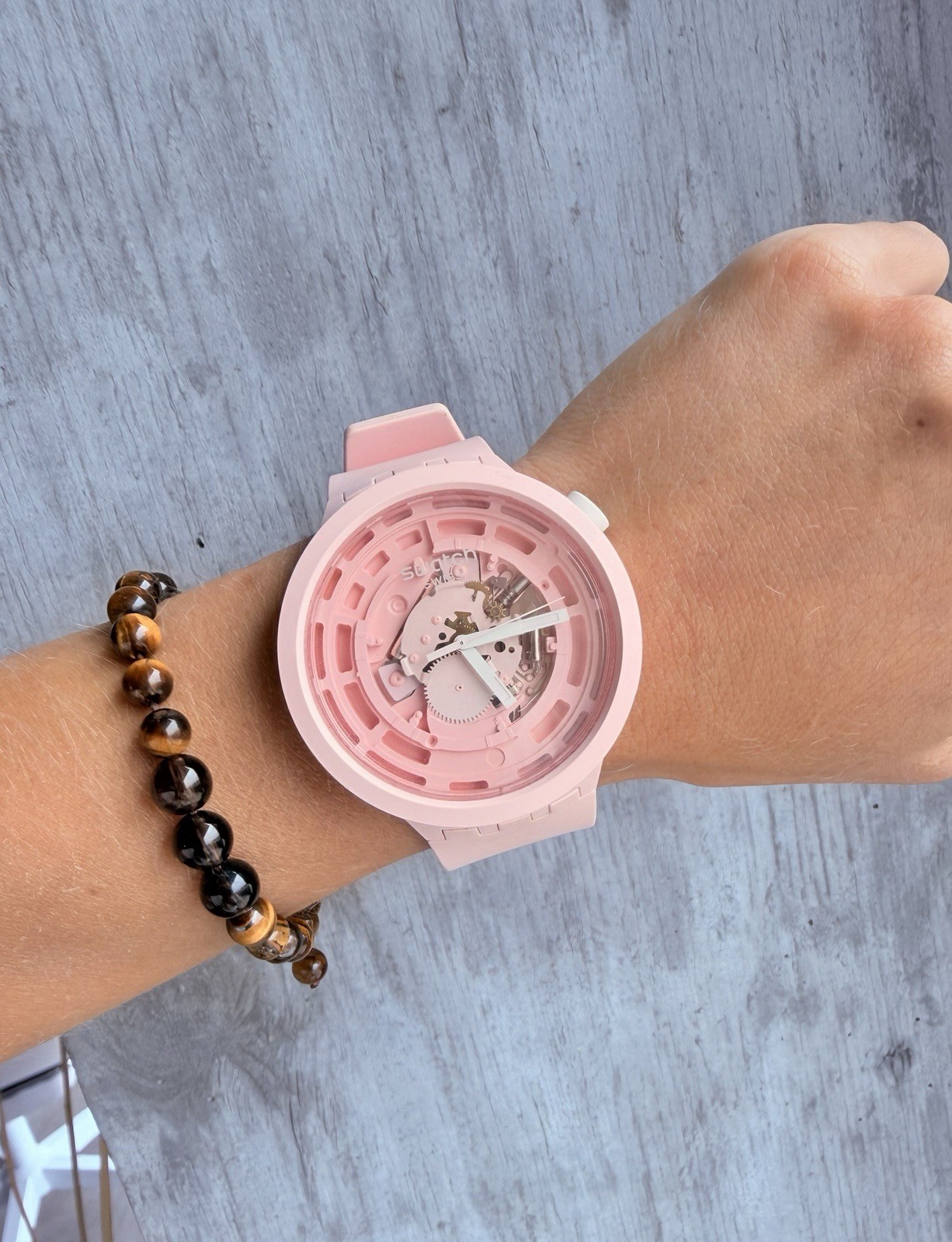 Swatch C-Pink Watch – VisibleMovement Silicone Strap – 47mm
