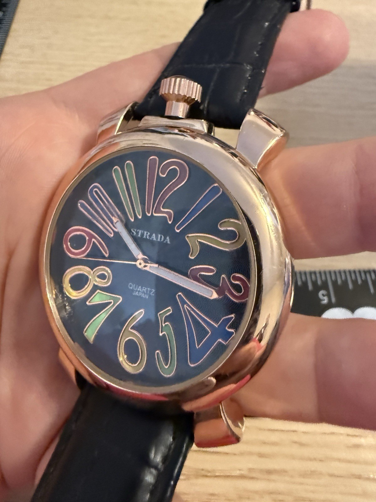 Strada Genuine Leather Black Watch With Multicolor Numbers Vintage