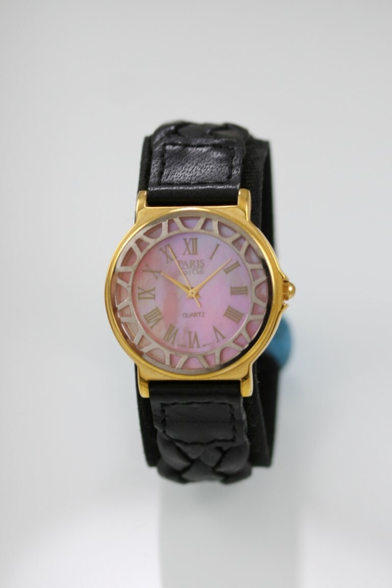 Paris Sport Club Watch Women Gold Silver Stainless WR Black Leather Pink Quartz