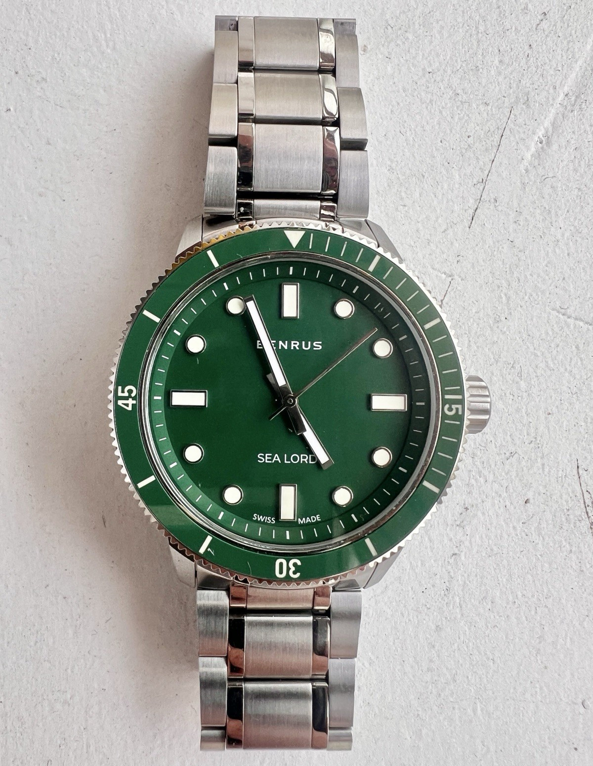 Rare Benrus Sea Lord Reissue Swiss Diver Green Dial/Bezel SS Bracelet