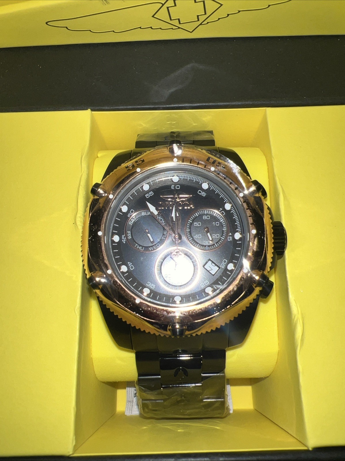 Invicta Men’s Watch Quartz Black Steel Rose Gold Bezel 51mm NWT
