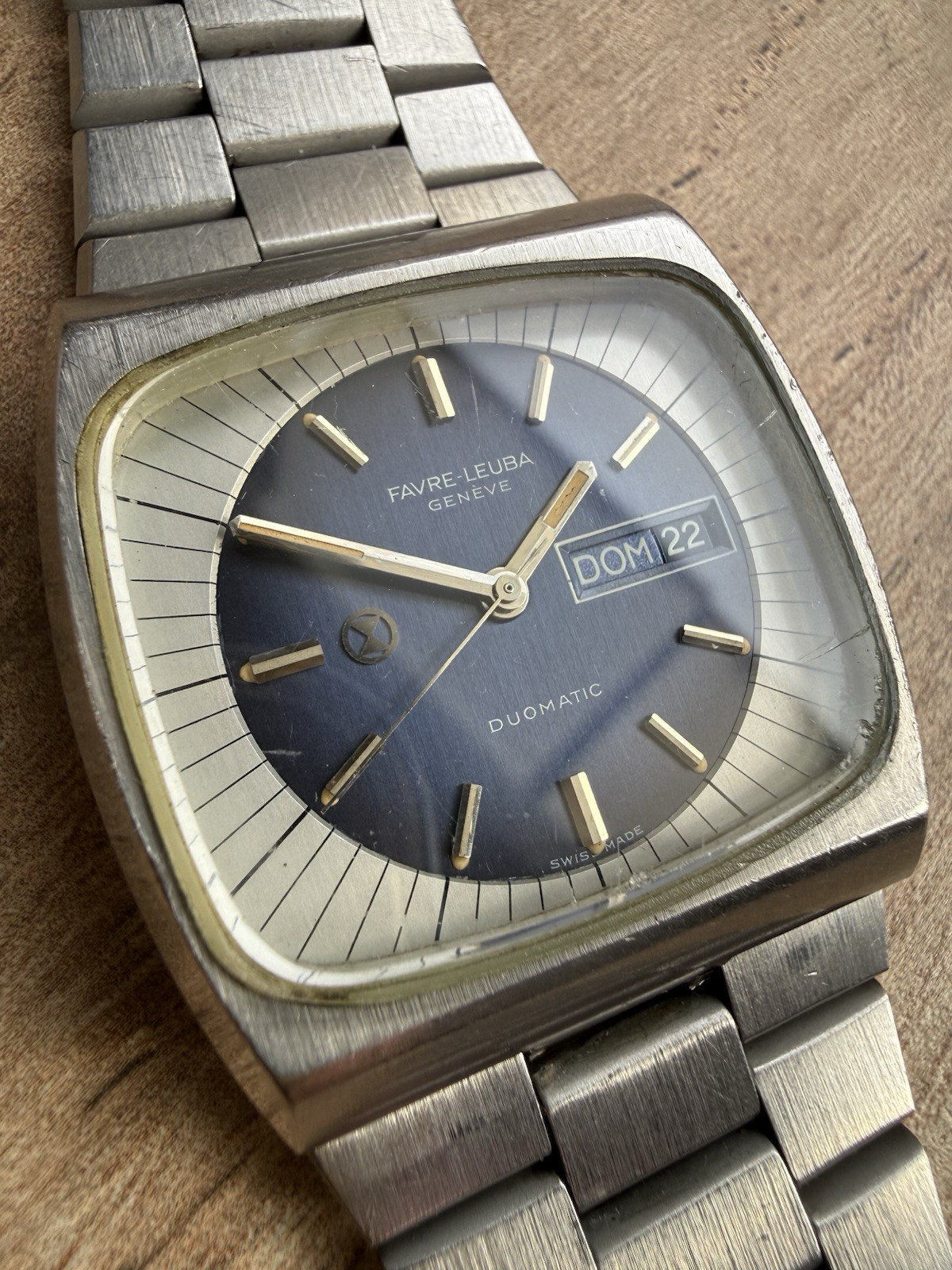 Favre-Leuba Duomatic Jumbo Blue Dial Auto Day-Date Watch Parts/Repair AS-IS