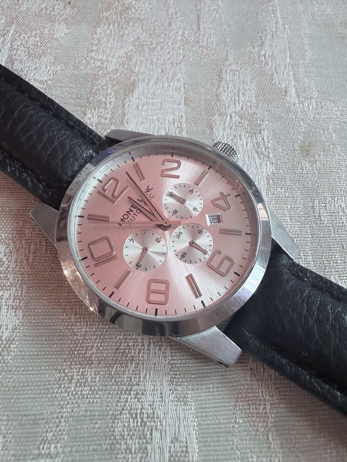 Montblanc Automatic Silver Dial Date Black Leather Strap Wristwatch 9168