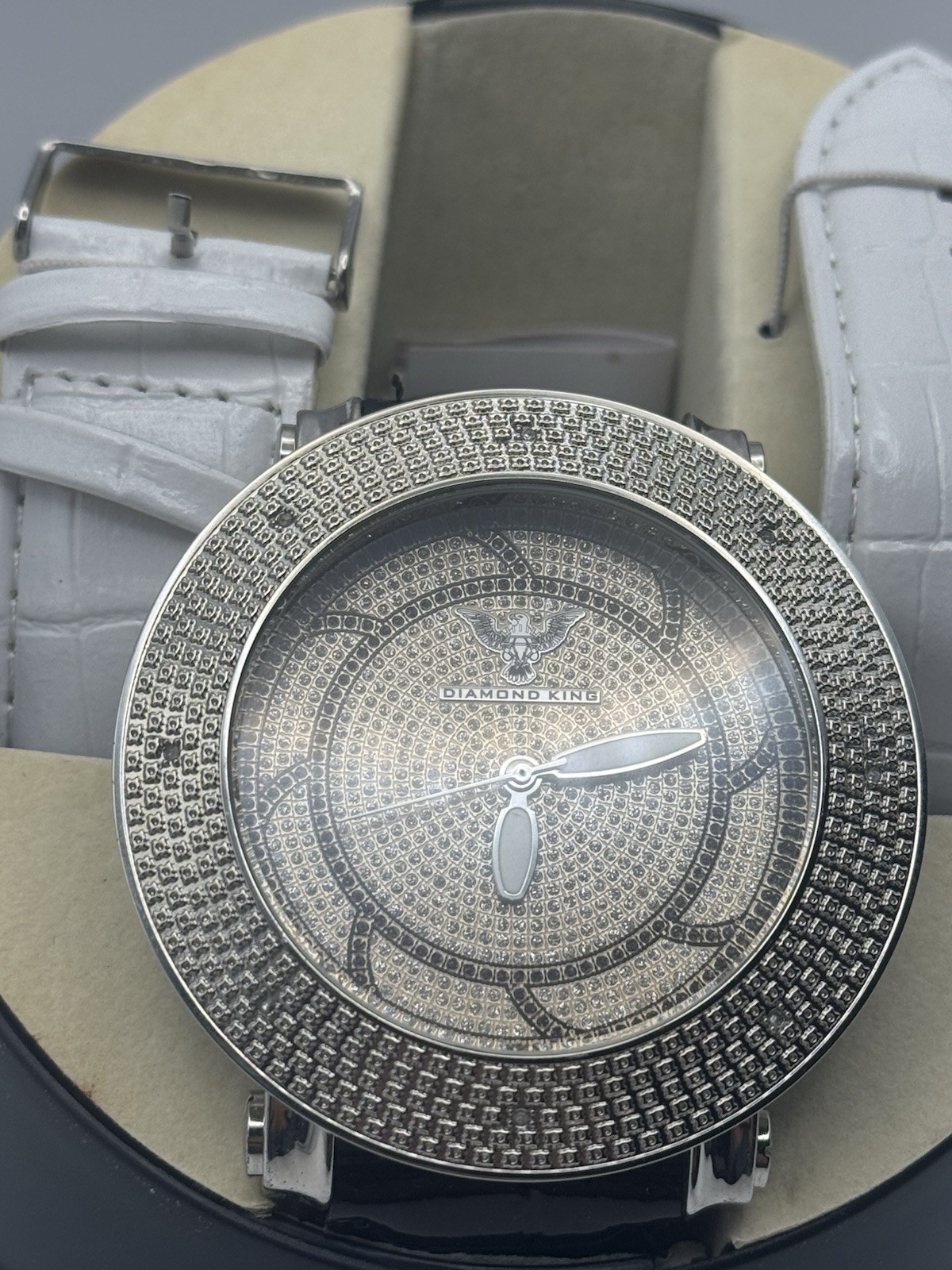 Diamond King DKW-0714 Men’s Iced Out Watch Extra White Band Case New Battery