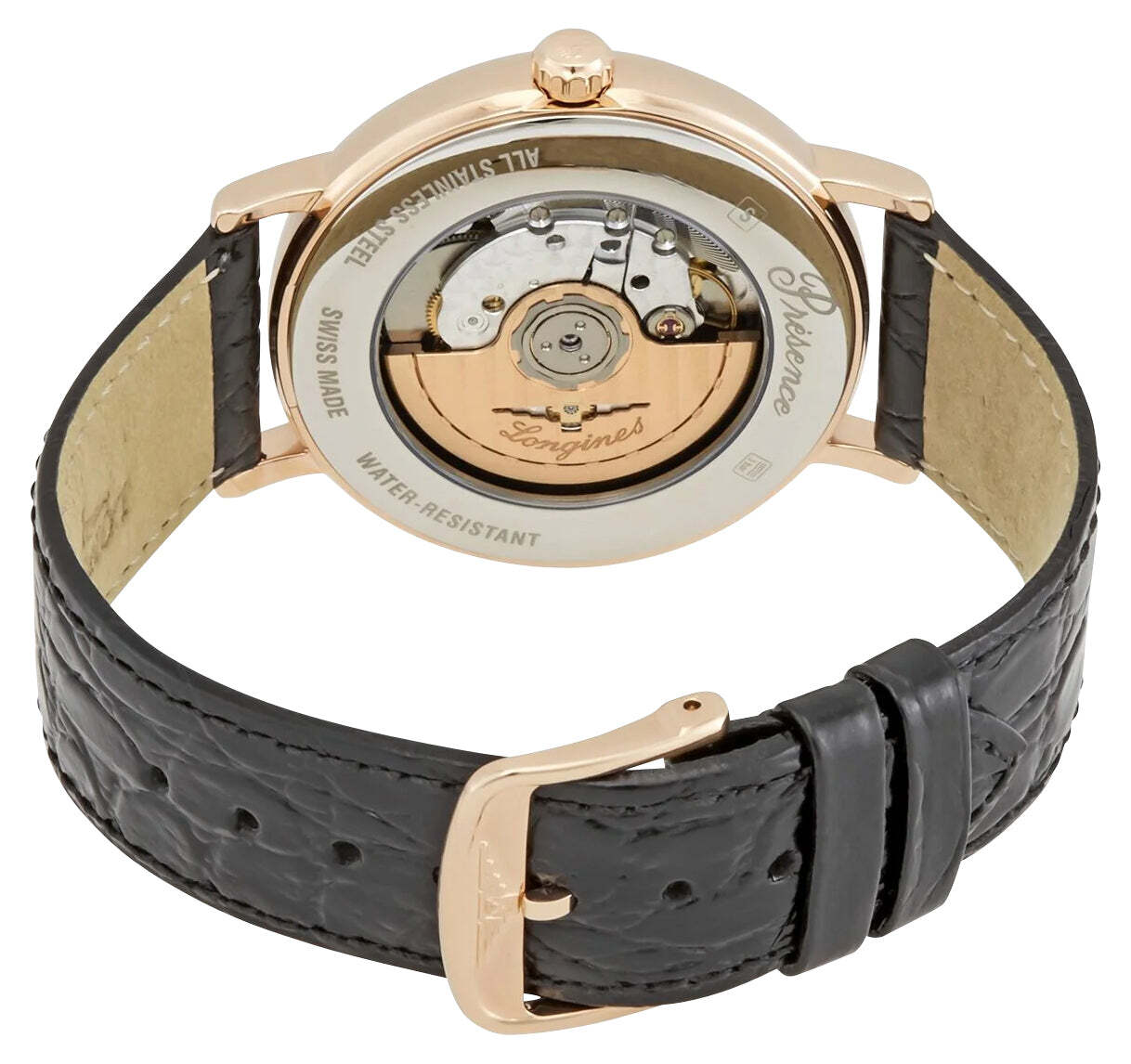 Longines Presence Automatic Rose Gold PVD Black Leather Mens Watch L4.922.1.12.2