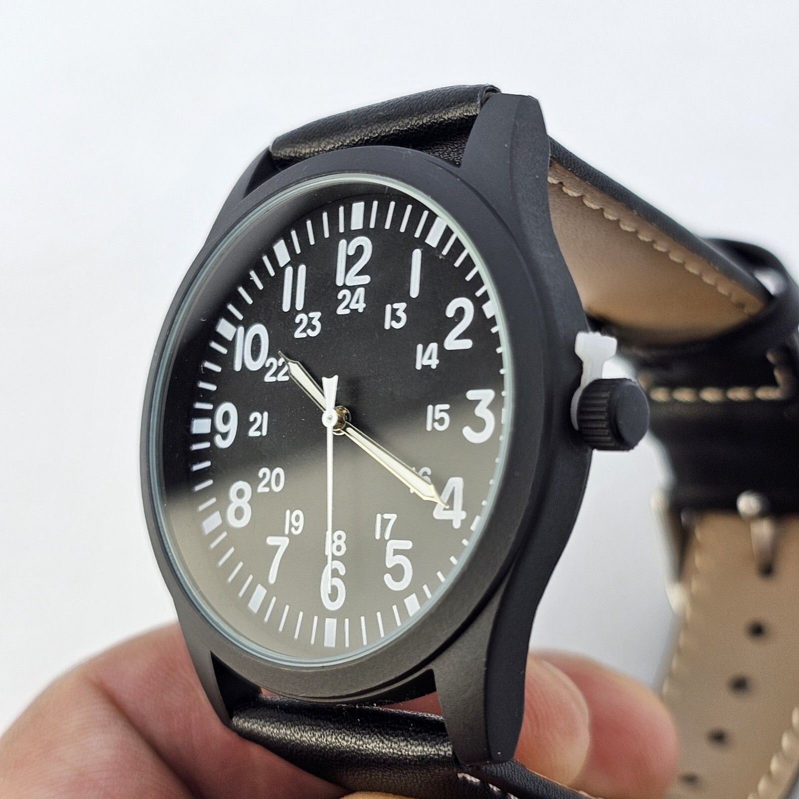 Men’s Field Watch 42MM Large Case Black Dial Black White Leather Band Straps