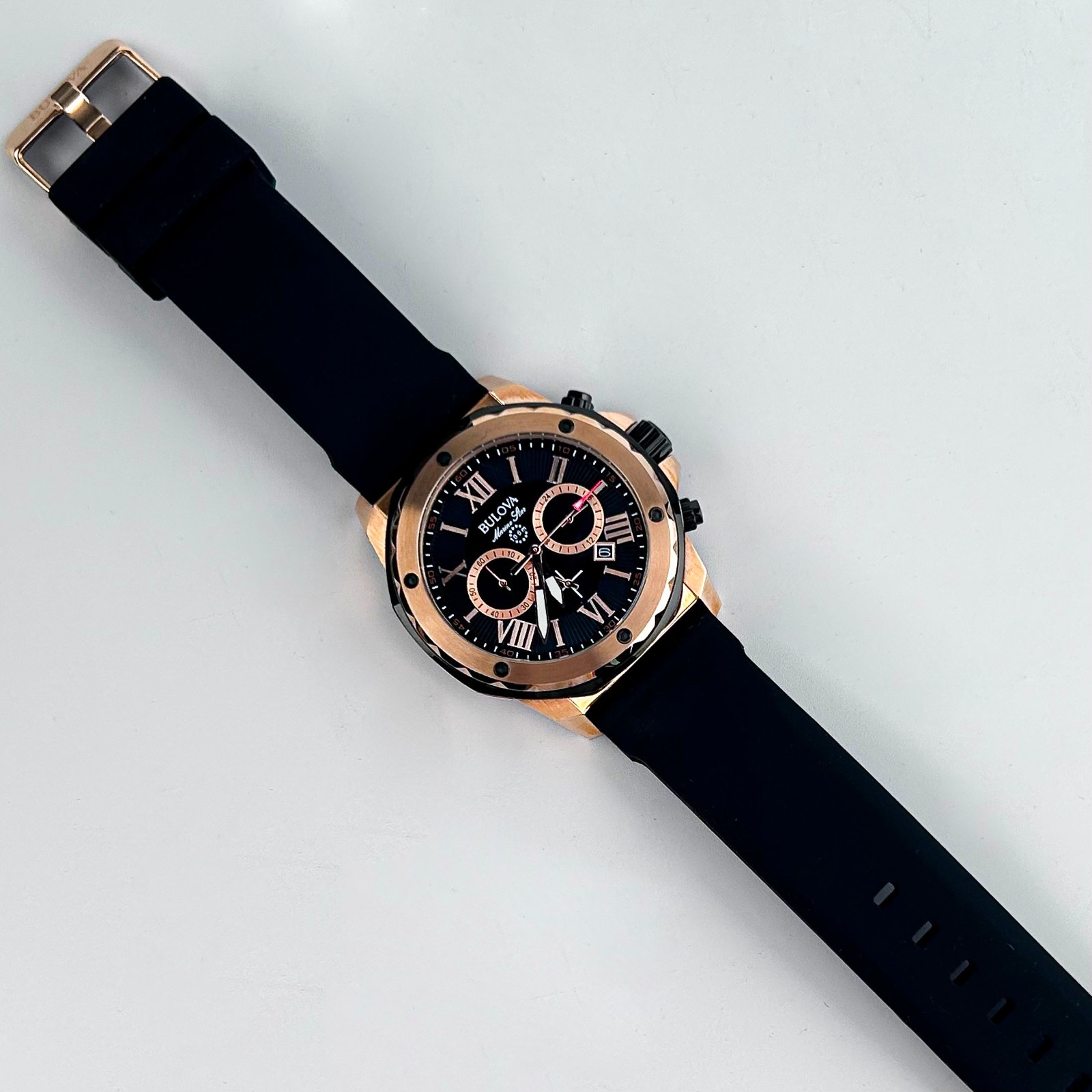 Bulova Marine Star 98B104 Men’s Black Dial Black Rubber Strap Quartz Watch 44mm