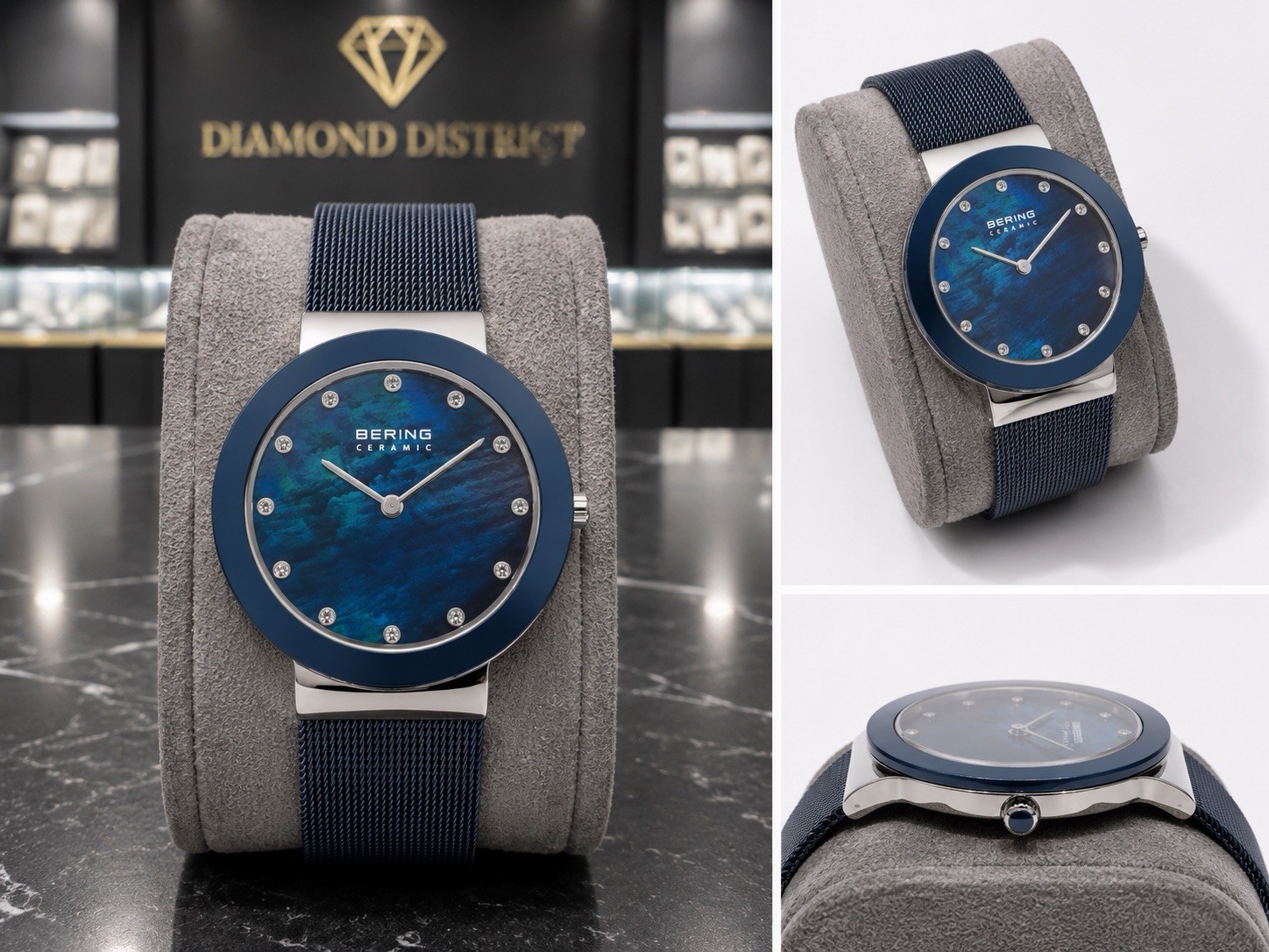 BERING Ceramic Blue MOP Dial Diamond Markers Mesh Band Quartz