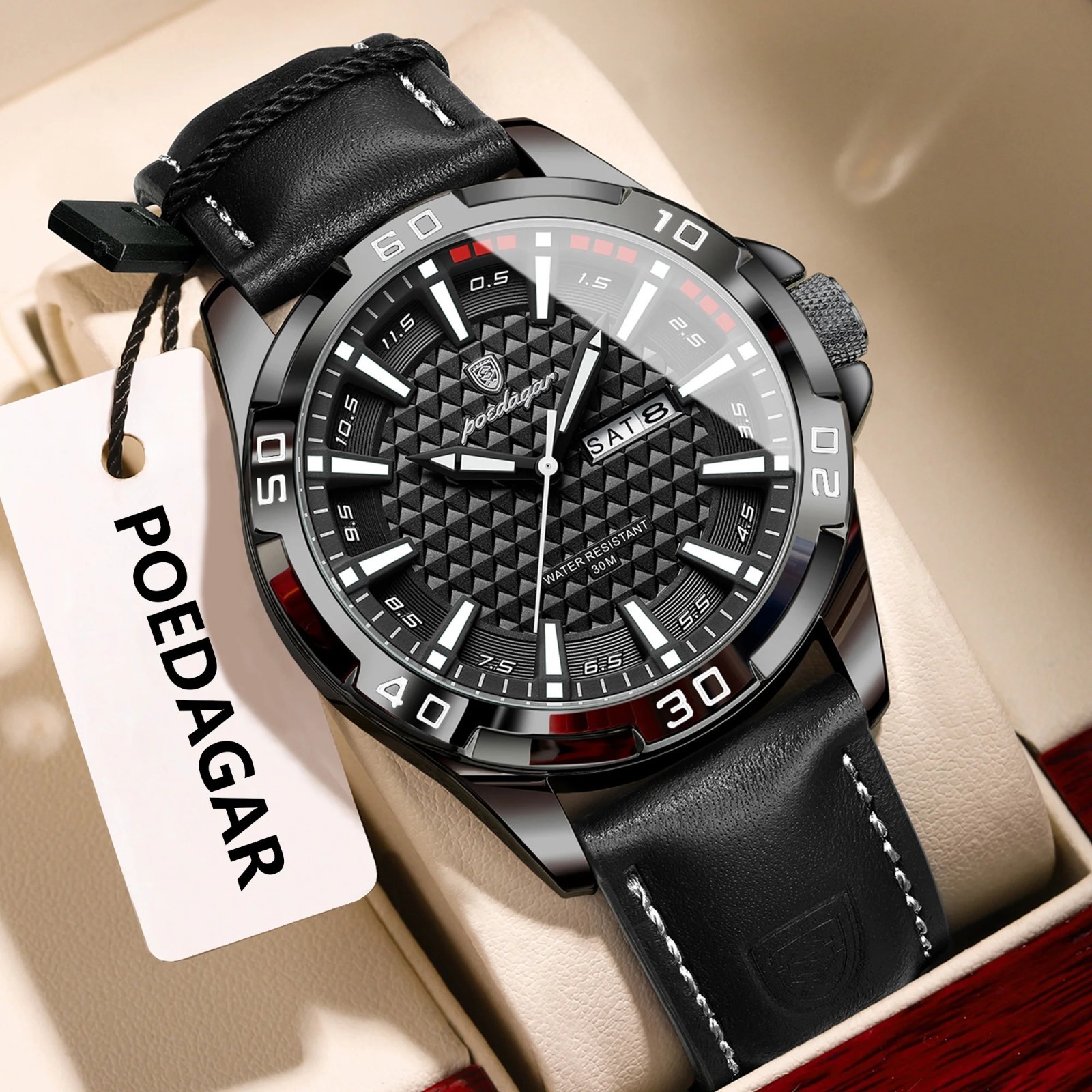 Luxury Men’s Quartz Watch Waterproof Luminous Date Day Leather Strap Wristwatch