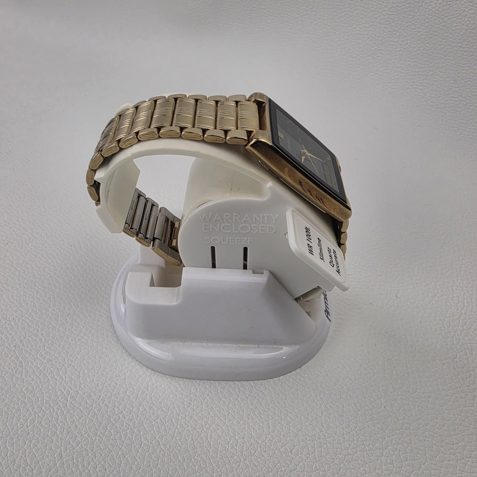 Armitron 20 / 1576 Gold Tone Rectangle Quartz Watch Black Dial Stretch Band NOS