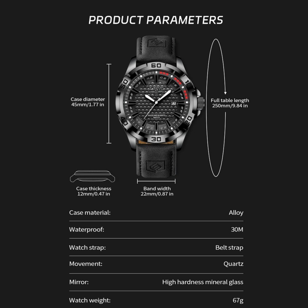 LIGE Men’s Watch Leather Watches Waterproof Luminous Quartz Date Man Wristwatch