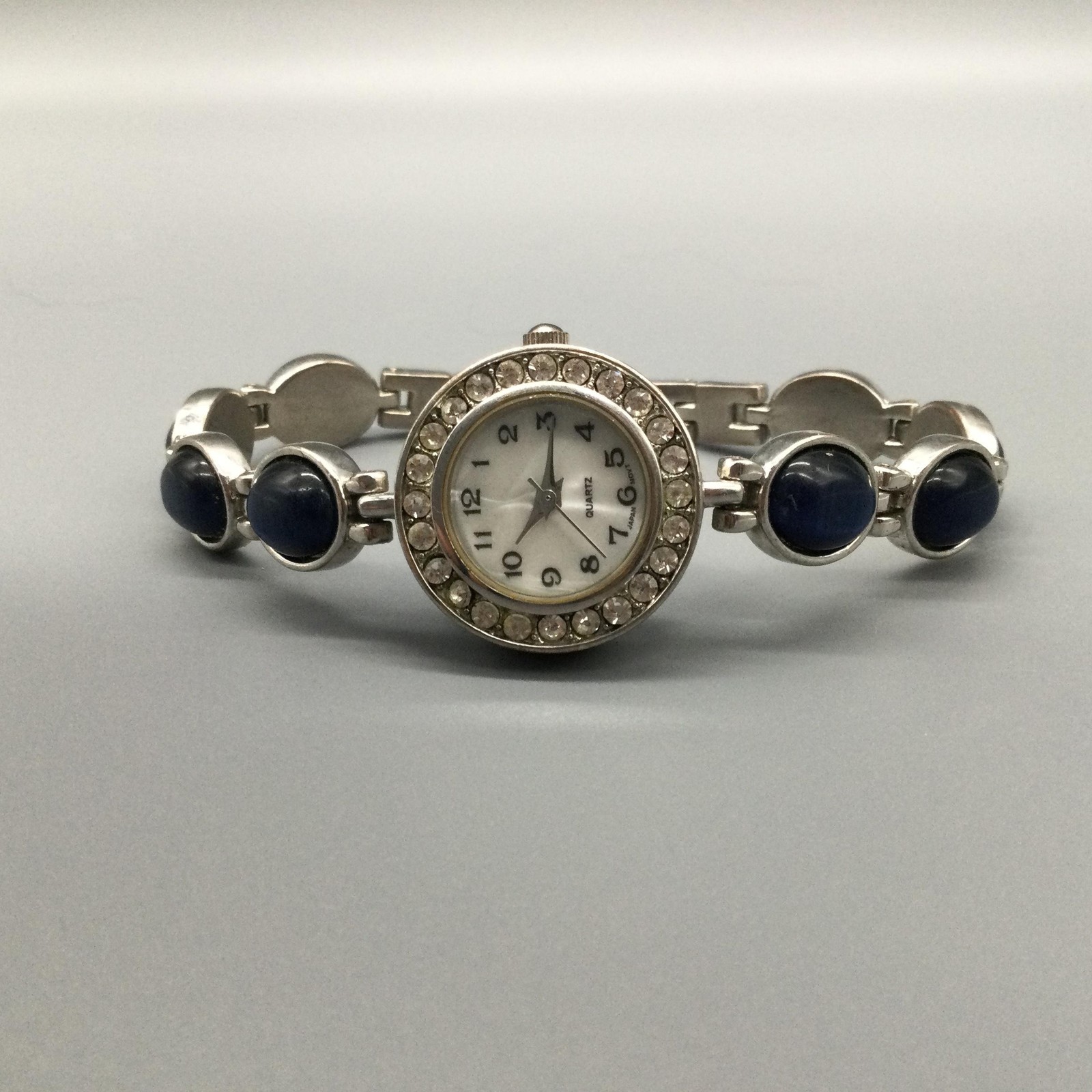 Blue Cabochon Womens Watch 22mm MOP Dial Crystals Silver Tone New Battery 7″